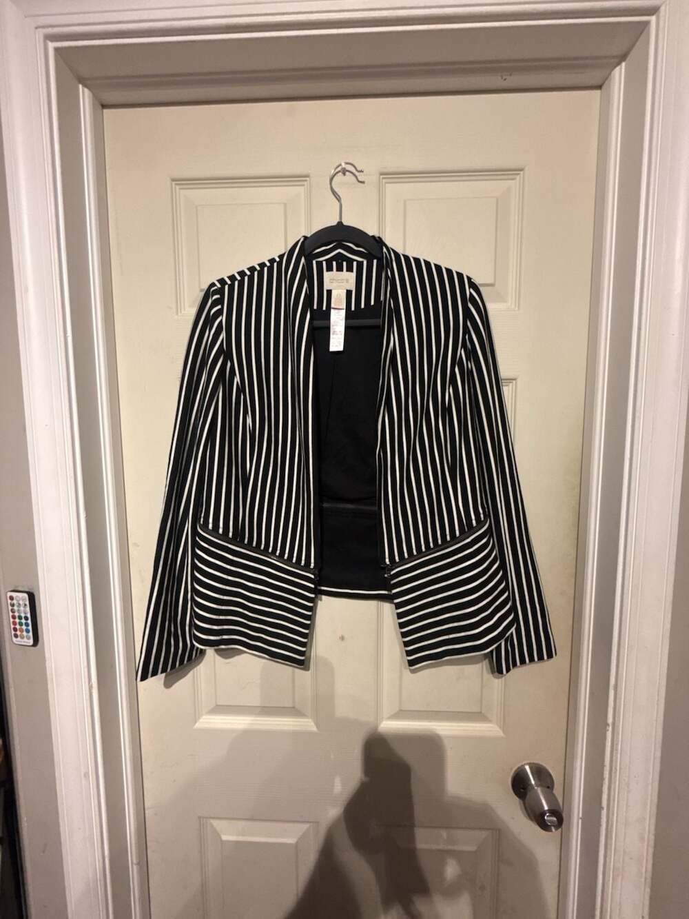 Chico's Striped Blazer Size 0 Black White Open Front Knit Jacket